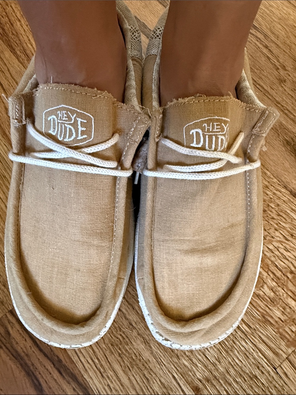 Hey Dude Tan Canvas Slip-On Shoes with White Laces
